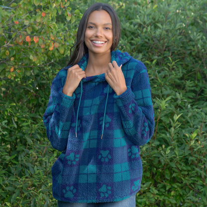 Large Check Plaid Paws Sherpa Fleece Hoodie