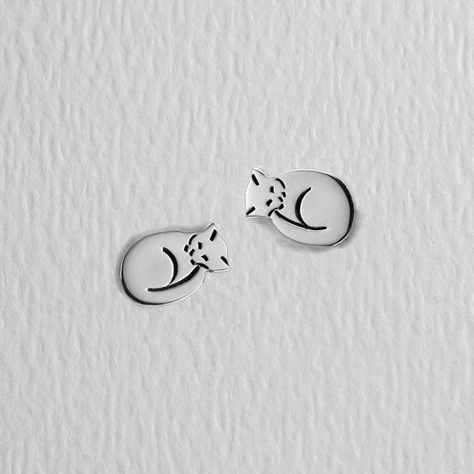 Sleeping Cat Sterling Silver Post Earring