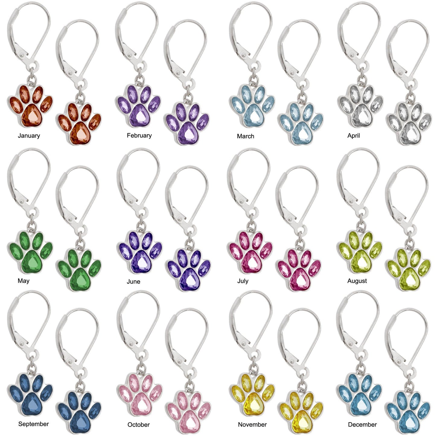 Paw Print Birthstone Dangling Sterling Earrings