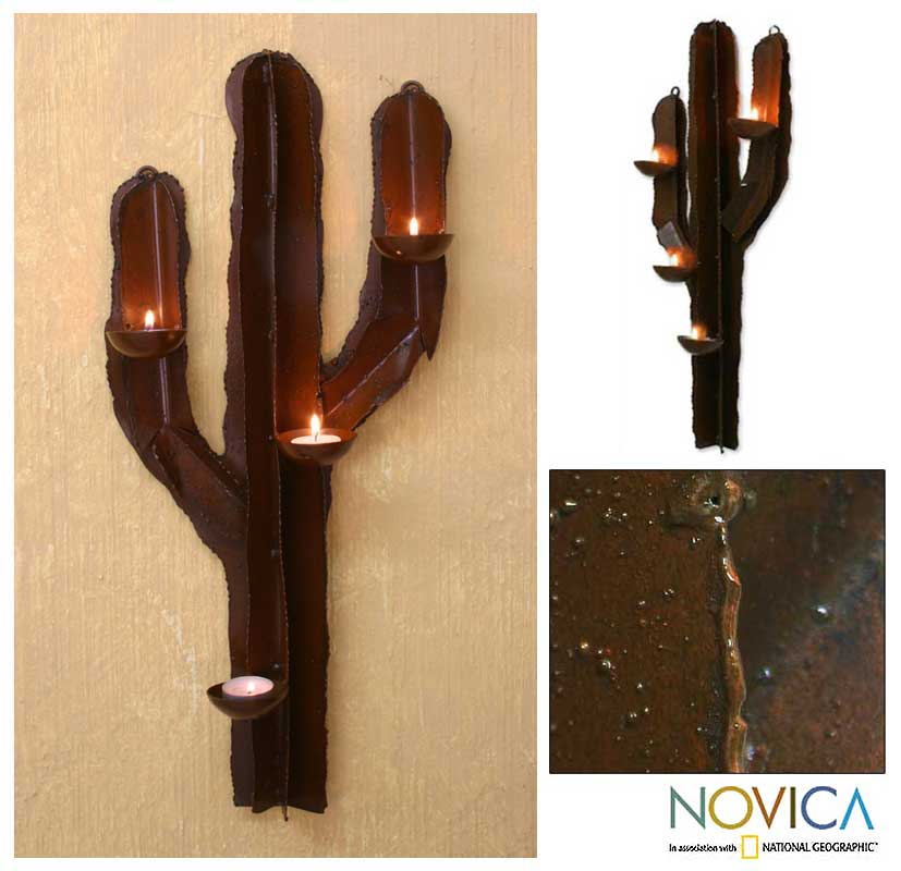 Desert Cactus Rustic Mexican Handcrafted Steel Wall Sculpture Candleholder