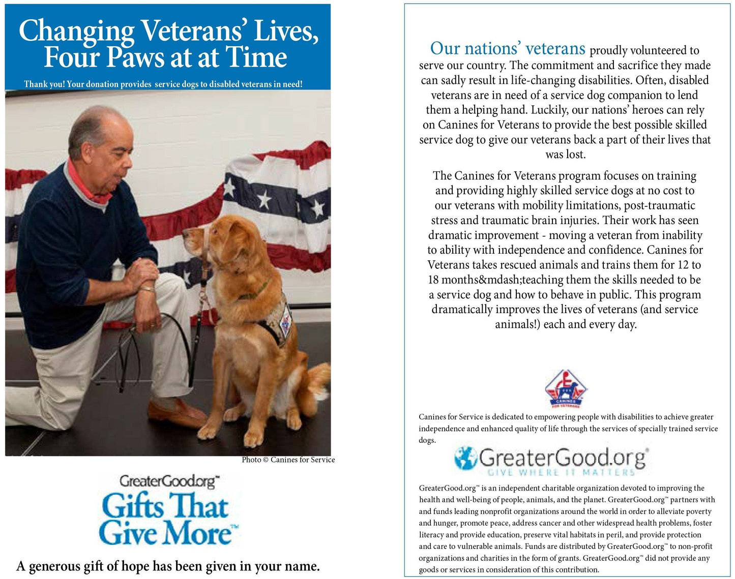 Donation - Changing Veterans Lives, Four Paws At A Time