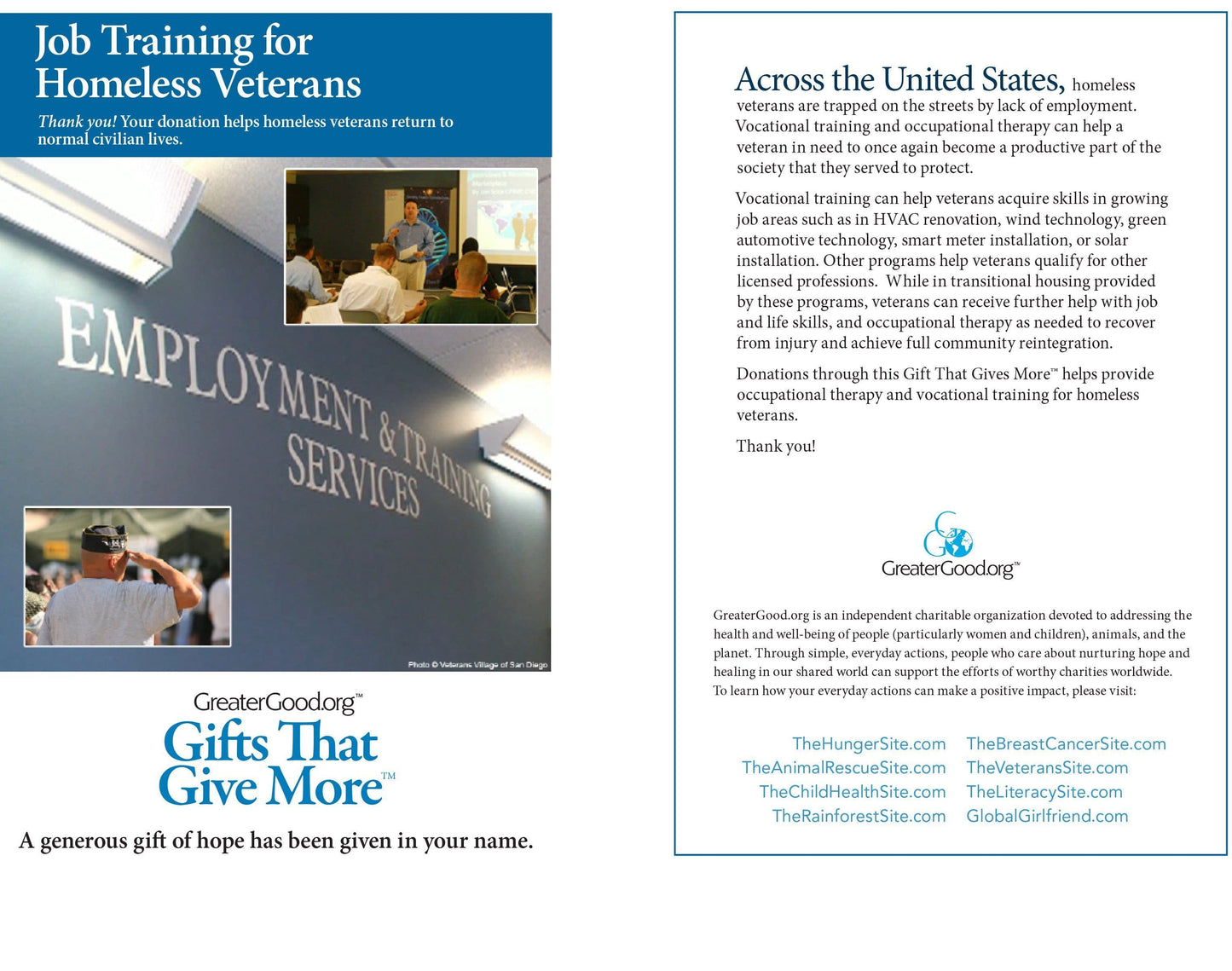 Donation - Job Training For Homeless Veterans