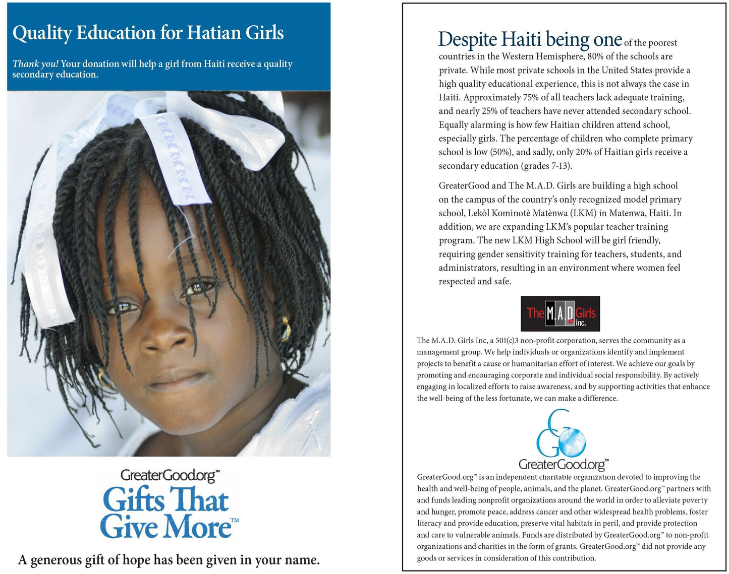 Donation - Quality Education For Haitian Girls